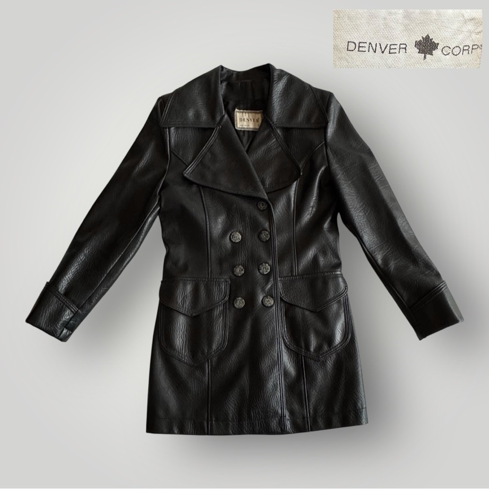 DENVER Corp. Vintage Faux Leather Double-breasted Trench Coat - Picture 2 of 10